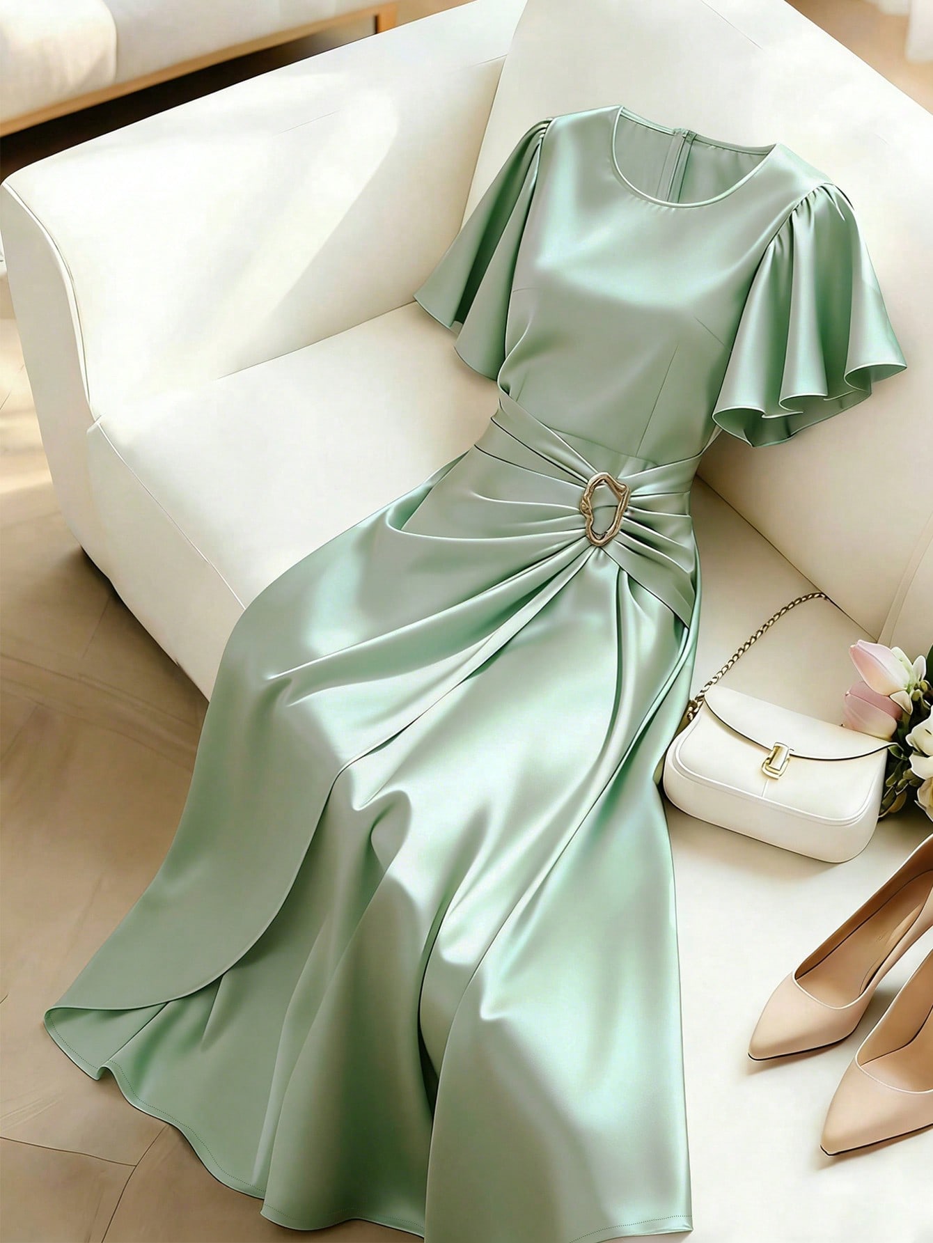 http___img.ltwebstatic.com_v4_j_pi_2026_06_01_5a_1780318846923fe53b2a8da07abce9608d8ecce1f5 Franclia Women's Elegant Dress Party Dinner Dinner Lustrous Satin Metallic Decor Flared Sleeve Round Neck Spring/Summer Mint Green - Image 1