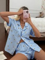 CottageSlumber Women's New Lemon Plaid Print Button-Up Short Sleeve Shorts Pajama Set - Image 5