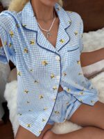 CottageSlumber Women's New Lemon Plaid Print Button-Up Short Sleeve Shorts Pajama Set