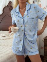 CottageSlumber Women's New Lemon Plaid Print Button-Up Short Sleeve Shorts Pajama Set - Image 2