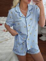 CottageSlumber Women's New Lemon Plaid Print Button-Up Short Sleeve Shorts Pajama Set - Image 4