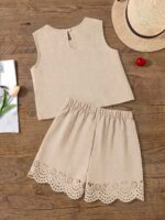 SHEIN Sparklyn Tween Girls Casual Tropical Vacation Sleeveless Top And Shorts Set, Beige Pattern Paired With Fabric, Suitable For Daily Casual And Social Gatherings - Image 2