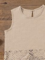 SHEIN Sparklyn Tween Girls Casual Tropical Vacation Sleeveless Top And Shorts Set, Beige Pattern Paired With Fabric, Suitable For Daily Casual And Social Gatherings - Image 3
