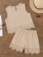 SHEIN Sparklyn Tween Girls Casual Tropical Vacation Sleeveless Top And Shorts Set, Beige Pattern Paired With Fabric, Suitable For Daily Casual And Social Gatherings - Image 5