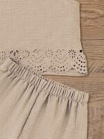 SHEIN Sparklyn Tween Girls Casual Tropical Vacation Sleeveless Top And Shorts Set, Beige Pattern Paired With Fabric, Suitable For Daily Casual And Social Gatherings - Image 4