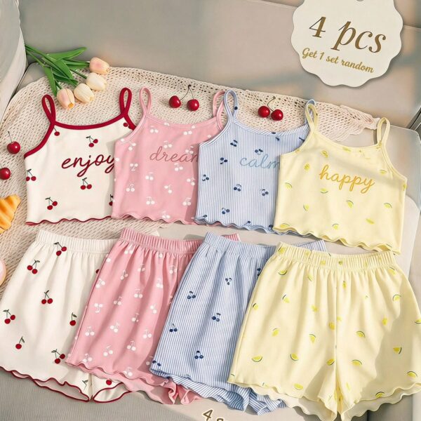 Tween Girls Mini Cherry Cami Top & Shorts Set – Cute Summer Loungewear 2 Piece Outfit