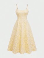 Floreya Summer Elegant Solid Color French Style High-End Elegant Light Dress Waist-Cinching Slim Fit Spaghetti Strap Midi Dress Apricot Dress Yellow, Quiet Luxury - Image 4