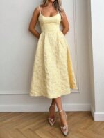 Floreya Summer Elegant Solid Color French Style High-End Elegant Light Dress Waist-Cinching Slim Fit Spaghetti Strap Midi Dress Apricot Dress Yellow, Quiet Luxury - Image 2
