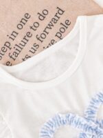 4-7 Years Old Girls' Summer White Flare Sleeve T-Shirt + Blue & White Striped Skort 2-Piece Set, Cute Bow Decor, Fresh & Sweet European Style, Breathable Chiffon Fabric, 2026 New Summer Holiday Outfit For Young Girls - Image 3