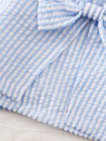 4-7 Years Old Girls' Summer White Flare Sleeve T-Shirt + Blue & White Striped Skort 2-Piece Set, Cute Bow Decor, Fresh & Sweet European Style, Breathable Chiffon Fabric, 2026 New Summer Holiday Outfit For Young Girls - Image 5