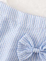 4-7 Years Old Girls' Summer White Flare Sleeve T-Shirt + Blue & White Striped Skort 2-Piece Set, Cute Bow Decor, Fresh & Sweet European Style, Breathable Chiffon Fabric, 2026 New Summer Holiday Outfit For Young Girls - Image 8
