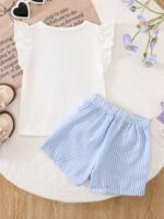 4-7 Years Old Girls' Summer White Flare Sleeve T-Shirt + Blue & White Striped Skort 2-Piece Set, Cute Bow Decor, Fresh & Sweet European Style, Breathable Chiffon Fabric, 2026 New Summer Holiday Outfit For Young Girls - Image 2