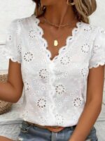 Women's Romantic Hollow V-Neck Short Sleeve Top, Casual Chic Versatile Elegant Blouse White Summer - Image 2