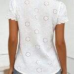 Women's Romantic Hollow V-Neck Short Sleeve Top, Casual Chic Versatile Elegant Blouse White Summer