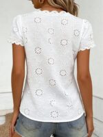 Women's Romantic Hollow V-Neck Short Sleeve Top, Casual Chic Versatile Elegant Blouse White Summer