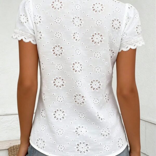 Women's Romantic Hollow V-Neck Short Sleeve Top, Casual Chic Versatile Elegant Blouse White Summer