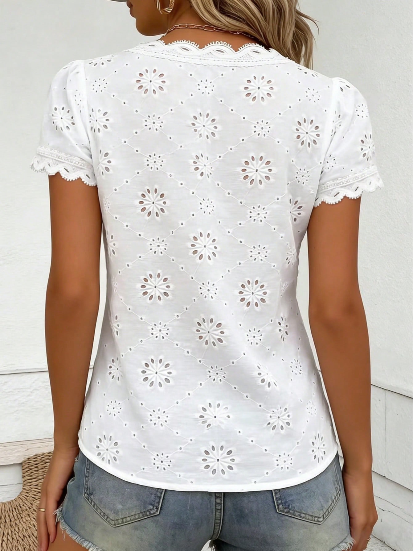 http___img.ltwebstatic.com_v4_j_spmp_2026_02_28_46_1772263370dd405034d8182dfbae3f1c66f6292fd6 Women's Romantic Hollow V-Neck Short Sleeve Top, Casual Chic Versatile Elegant Blouse White Summer - Image 1