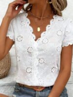 Women's Romantic Hollow V-Neck Short Sleeve Top, Casual Chic Versatile Elegant Blouse White Summer - Image 4
