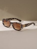Leopard Print Retro Rectangular Sunglasses, Plastic UV Protection Shades For Travel And Beach - Image 2