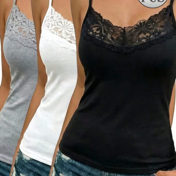 3pcs Women's Lace Patchwork Camisole Vest, Breathable Solid Color Sleeveless Tops, Fashionable Undershirt For All Seasons