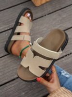 Comfortable Flat Thick Sole Daily Basic Slippers, Faux Suede Magic Tape Adjustable Slides, Spring Shoes, Vacation Shoes, Casual Shoes, Beach Shoes, Campus Casual, Mother's Day Gift, Christmas, Valentine's Day, Everyday Wear
