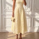 Floreya Summer Elegant Solid Color French Style High-End Elegant Light Dress Waist-Cinching Slim Fit Spaghetti Strap Midi Dress Apricot Dress Yellow, Quiet Luxury