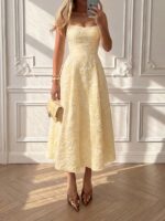Floreya Summer Elegant Solid Color French Style High-End Elegant Light Dress Waist-Cinching Slim Fit Spaghetti Strap Midi Dress Apricot Dress Yellow, Quiet Luxury