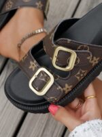 Retro Floral Double-Buckle Women's Sandals, Thick-Sole Slip-On Slides, Comfortable & Versatile Summer Outdoor Slippers,Wedge Sandals