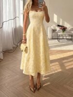 Floreya Summer Elegant Solid Color French Style High-End Elegant Light Dress Waist-Cinching Slim Fit Spaghetti Strap Midi Dress Apricot Dress Yellow, Quiet Luxury - Image 3