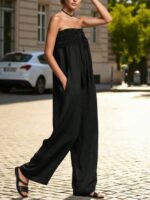 Women's Summer Autumn New Black Bandeau Jumpsuit, Fashion Minimalist Elegant Style, Loose Wide Leg Pants With Pockets, Casual One-Piece Outfit - Image 2