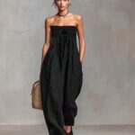 Women's Summer Autumn New Black Bandeau Jumpsuit, Fashion Minimalist Elegant Style, Loose Wide Leg Pants With Pockets, Casual One-Piece Outfit