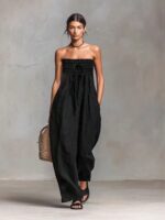 Women's Summer Autumn New Black Bandeau Jumpsuit, Fashion Minimalist Elegant Style, Loose Wide Leg Pants With Pockets, Casual One-Piece Outfit