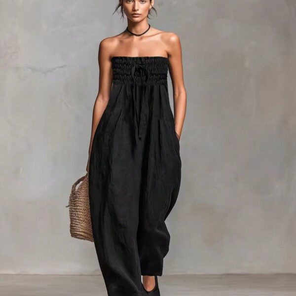 Women's Summer Autumn New Black Bandeau Jumpsuit, Fashion Minimalist Elegant Style, Loose Wide Leg Pants With Pockets, Casual One-Piece Outfit