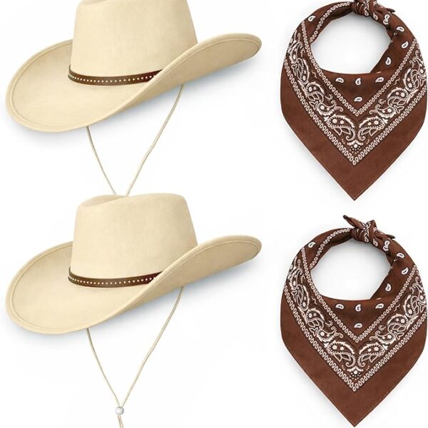 Cowboy & Cowgirl Hat Set with Bandanas – Pack of 2 Unisex Western Costume Hats