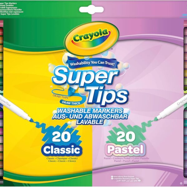 CRAYOLA Super Tips Washable Markers – 40 Count, 20 Classic & 20 Pastel Colours