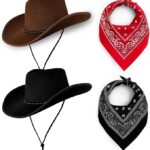 Cowboy Hats Pack of 2 with Bandanas – Unisex Western Fancy Dress Costume Set