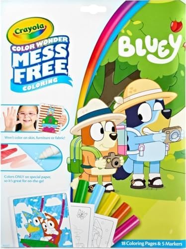 B09HR1Q6DP-0-1786442101353 CRAYOLA Bluey Color Wonder Colouring Set – 18 Pages & 5 Markers, Mess-Free Activity Set for Kids - Image 1