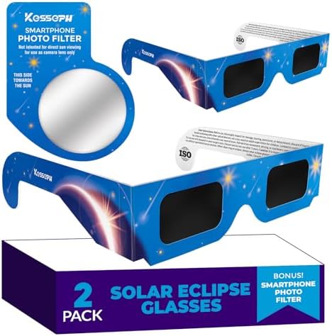 B0CSDZPDV1-0-1786530808052 Kesseph Solar Eclipse Glasses 2026 – 2 Pack with Smartphone Filter, CE & ISO Certified, Blue Star Design - Image 1