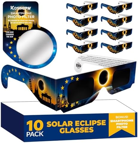 B0CSZCT9L8-0-1786531117512 Kesseph Solar Eclipse Glasses 2026 – 10 Pack with Smartphone Filter, CE & ISO Certified, Flag Design - Image 1