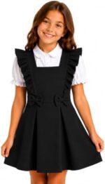 Girls School Uniform Pinafore Dress – Italian Stretch Pull-On, Frill Detail, Black, Grey & Navy, Ages 2–12