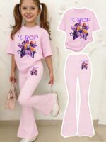 Young Girl Light Pink K POP T Shirt and Flare Pants Set, Cute Summer Outfit