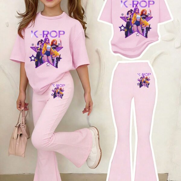 Young Girl Light Pink K POP T Shirt and Flare Pants Set, Cute Summer Outfit