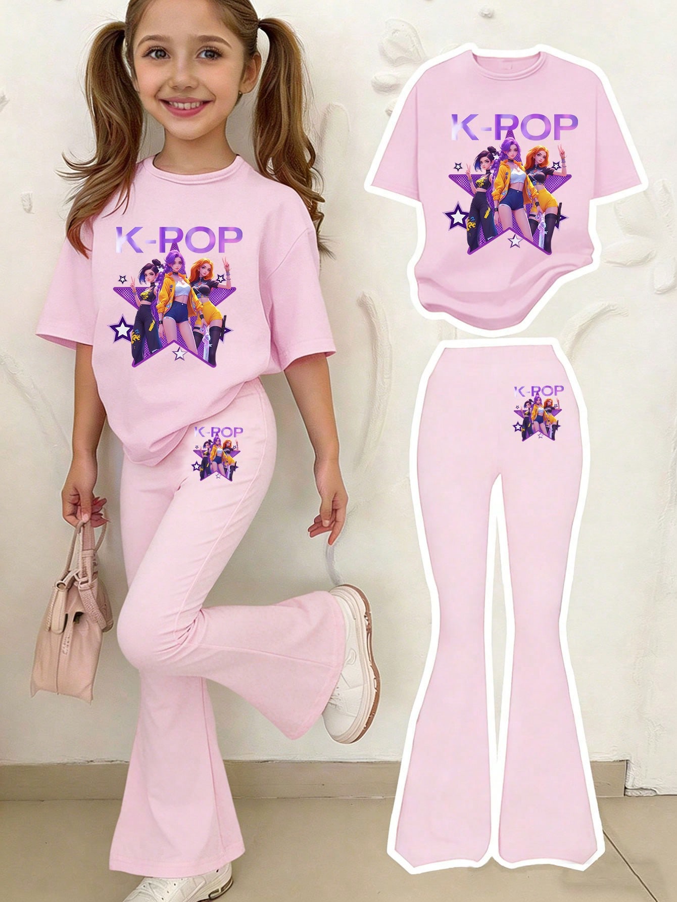 http___img.ltwebstatic.com_v4_j_pi_2026_03_27_6d_177460041496d58d197fd832d5b4cc1d62b33f9a54 Young Girl Light Pink K POP T Shirt and Flare Pants Set, Cute Summer Outfit - Image 1