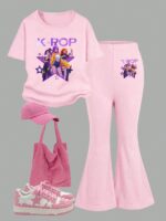 Young Girl Light Pink K POP T Shirt and Flare Pants Set, Cute Summer Outfit - Image 3
