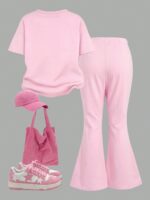 Young Girl Light Pink K POP T Shirt and Flare Pants Set, Cute Summer Outfit - Image 2