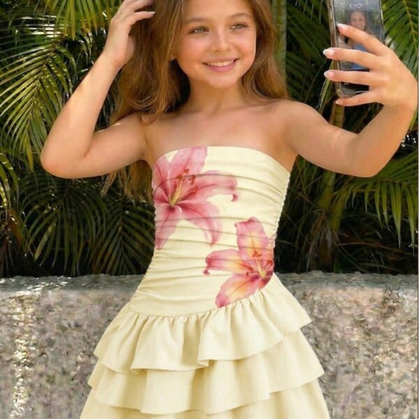 SHEIN Tween Girls Ruffle Tube Top Dress, Layered Summer Vacation Casual Dress