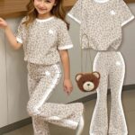 Young Girl Leopard Print Horse Graphic Top and Flare Pants Set, Cute Summer Outfit
