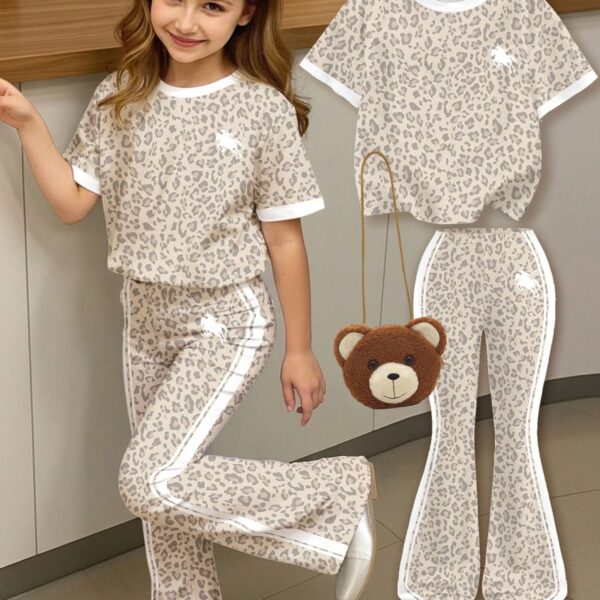 Young Girl Leopard Print Horse Graphic Top and Flare Pants Set, Cute Summer Outfit
