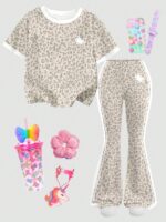 Young Girl Leopard Print Horse Graphic Top and Flare Pants Set, Cute Summer Outfit - Image 2