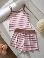 SHEIN Tween Girls Pink Brown Striped Knit Cami Top and Shorts Set - Image 2